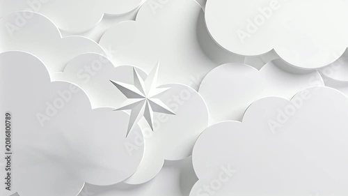 Rotating 8-point star drifting down-left over papercraft set, frame advance revealing cloud layers