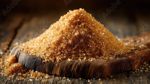 A close-up of golden brown raw sugar crystals piled on a rustic wooden surface with warm lighting accentuation