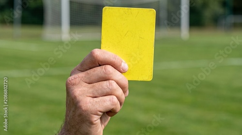 Referee holding a yellow card during a soccer match on a green field