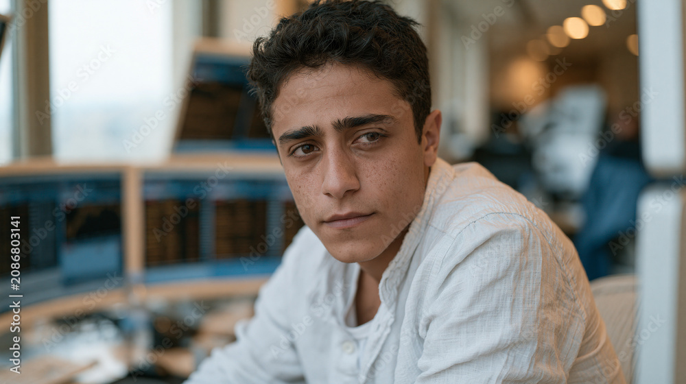 Fototapeta premium Forex currency pairs scrolling across a curved monitor array in a vibrant Beirut trading office, a young Lebanese analyst leaning forward, rain hitting the tall windows,