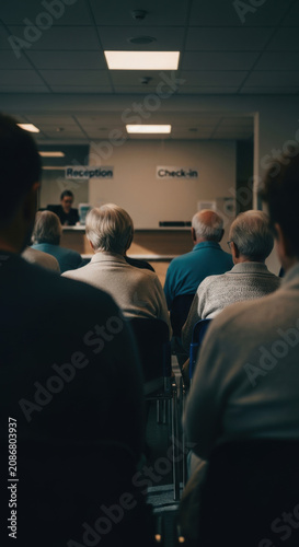 Waiting Room Scene Elderly Patients At Medical Reception Desk