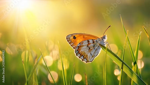 Orange Tip Butterfly On A Blade Of Grass In The Field With Sunbeam And Bokeh Background