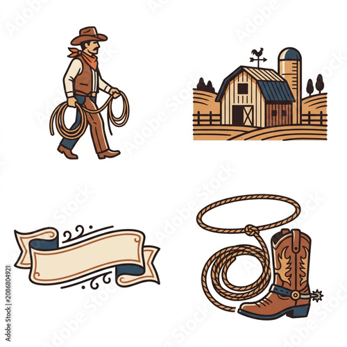 Quadro su tela Western cowboy farm and lasso illustration set.