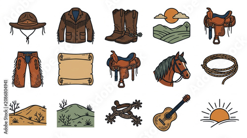 Western Cowboy Icons and Rural Elements Collection.