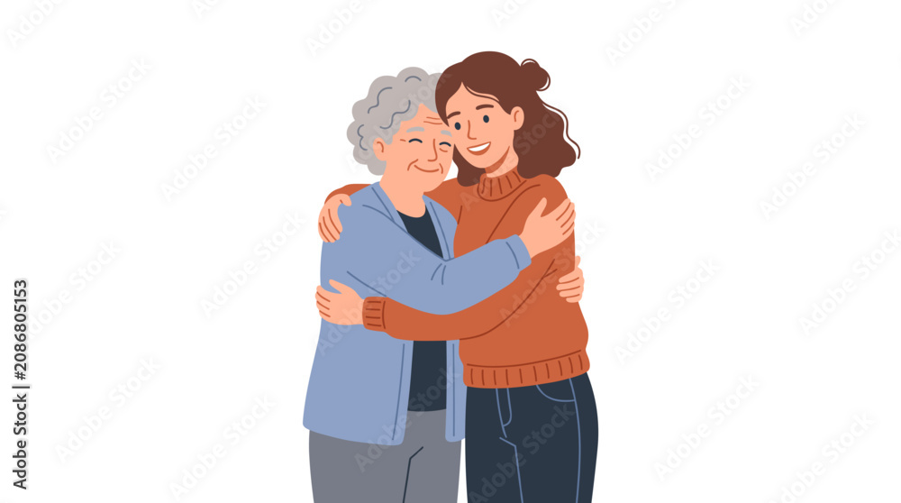 Fototapeta premium Young woman hugging her elderly grandmother with affection and joy on a white background