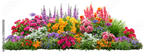 Vibrant Horizontal Flower Bed Arrangement With Pink Red Orange Purple Yellow White Blooms And Green Foliage