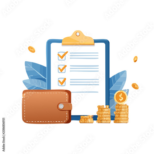 Checklist with wallet and coins