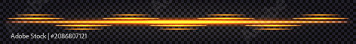 Golden glowing border or divider. Neon glowing light lines, laser shine beams, straight streaks design element, yellow beams. Vector isolated transparent