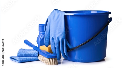 A blue cleaning bucket with a brush, gloves, and cloth arranged on a white background