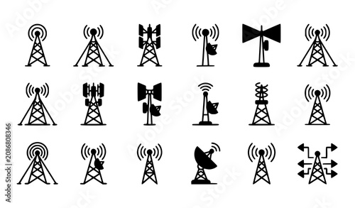Broadcast tower icons set black and blue wireless communication antenna vector eps10