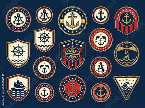 Set of Vintage Nautical Badges and Maritime Emblems with Anchors and Ship Wheels