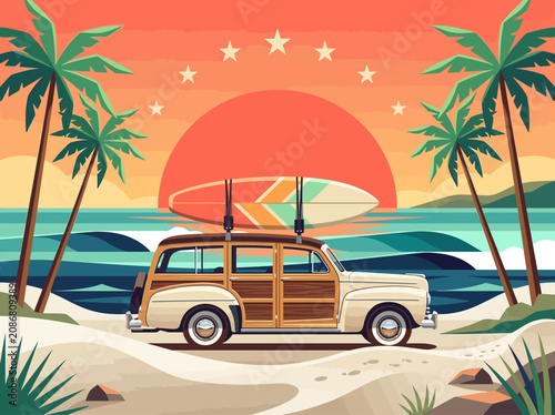 Retro Vintage Woody Wagon with Surfboard on Beach at Sunset Vector Illustration