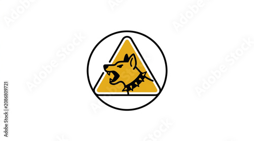 Yellow warning sign with angry dog symbol.