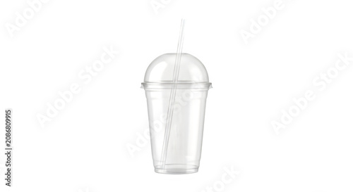Empty clear plastic cup with dome lid and straw isolated on transparent background PNG.