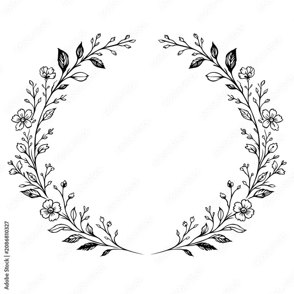 Obraz premium Botanical Elements – Handgezeichneter floraler Kranz mit Blüten und Blättern als Vektor Illustration. Für Branding, Papeterie, Hochzeitseinladungen, Logos, Verpackungen und kreative Designprojekte.