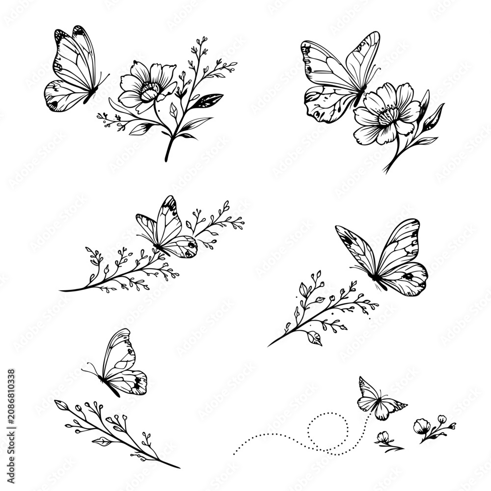 Fototapeta premium Botanical Elements – Handgezeichnete Schmetterlinge mit floralen Zweigen als Vektor Illustration Set. Für Branding, Papeterie, Hochzeitseinladungen, Logos, Verpackungen und kreative Designprojekte.