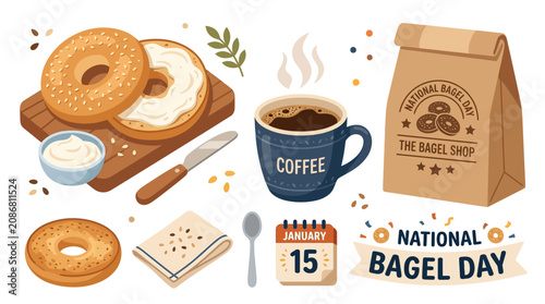 A delicious scene of bagels, coffee, and spread on a wooden cutting board on National Bagel Day with a calendar and confetti.