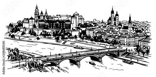 Canvastavla Krakow Wawel Castle and Vistula river panorama hand drawn sketch vector