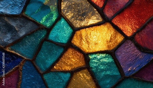 Colorful stained glass mosaic with vibrant hues of blue, green, red, and gold creating a striking artistic pattern