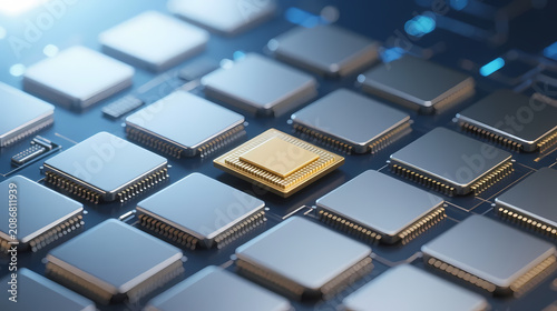 Golden chip surrounded by dark gray modules