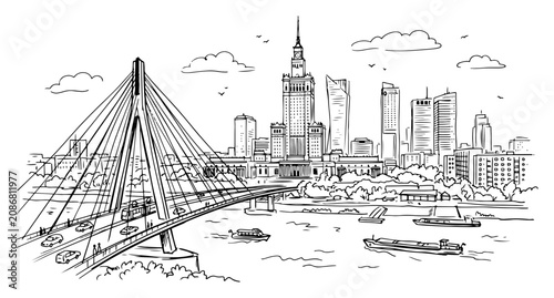 Warsaw skyline with Swietokrzyski Bridge and Palace of Culture hand drawn sketch vector illustration