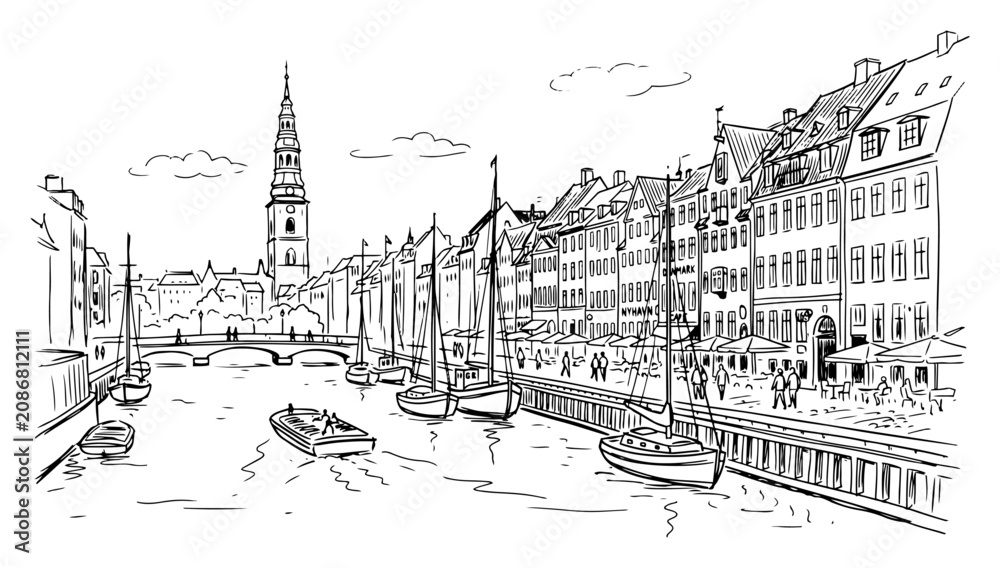 Fototapeta premium Nyhavn canal and waterfront city houses in Copenhagen Denmark hand drawn sketch vector