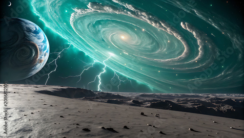 Galaxy with swirling clouds and lightning bolts in space near planet