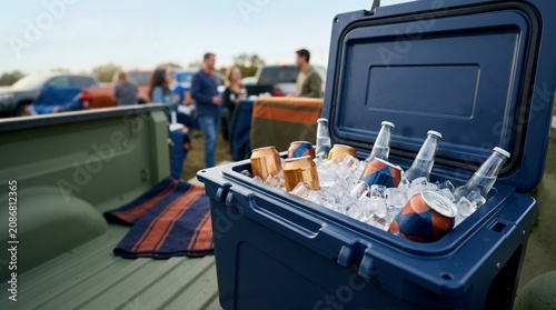 Blue cooler filled with ice and drinks in pickup truck bed. Tailgate party with friends socializing in background
