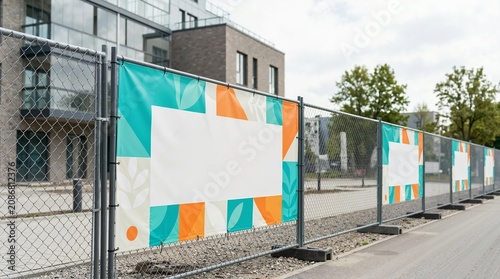 Temporary chain link fence with colorful blank banners. Outdoor construction barrier mockup with copy space. Modern apartment building background