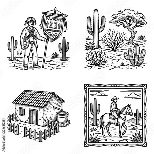 Bild auf Leinwand Vintage Western Scene Illustrations with Cacti and Cowboys.