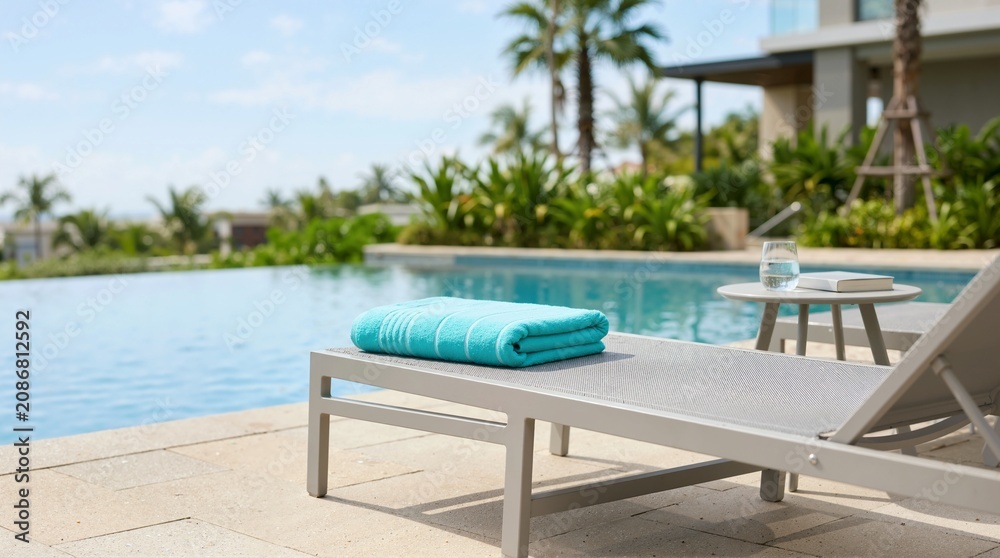 Fototapeta premium Folded turquoise towel on empty sun lounger. Luxury swimming pool deck with palm trees. Summer vacation resort concept