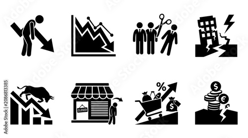 Economic hardship vector illustration with low income, extra work, time shortage, multiple jobs, side hustle stress, financial pressure, income gap, earning problem icons, isolated occupational design