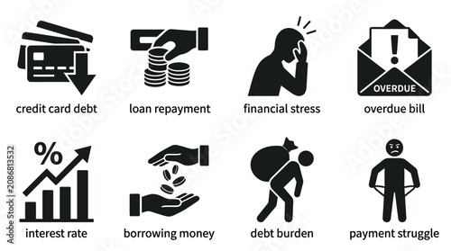   
Financial debt stress vector illustration with credit card debt, loan repayment, financial stress, overdue bill, interest rate, borrowing money, debt burden, payment struggle icons, isolated econom