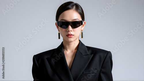 Stylish woman in black blazer and sunglasses