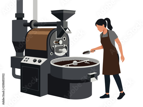 Canvas Print Flat style vector illustration of female barista operating coffee roasting machine with fresh beans in specialty café