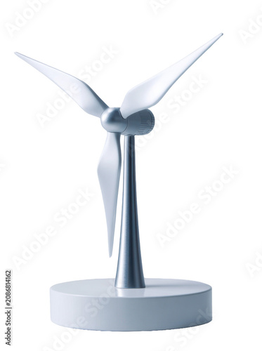 A modern, sleek miniature wind turbine model standing on a white circular base, its three white blades angled upwards.