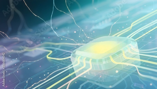 Microchip processor with glowing energy circuits and light tendrils. Quantum computing and core processing power. Hardware chip managing software execution