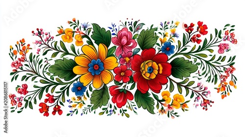 Vibrant floral arrangement featuring colorful flowers and intricate leaves in a decorative design