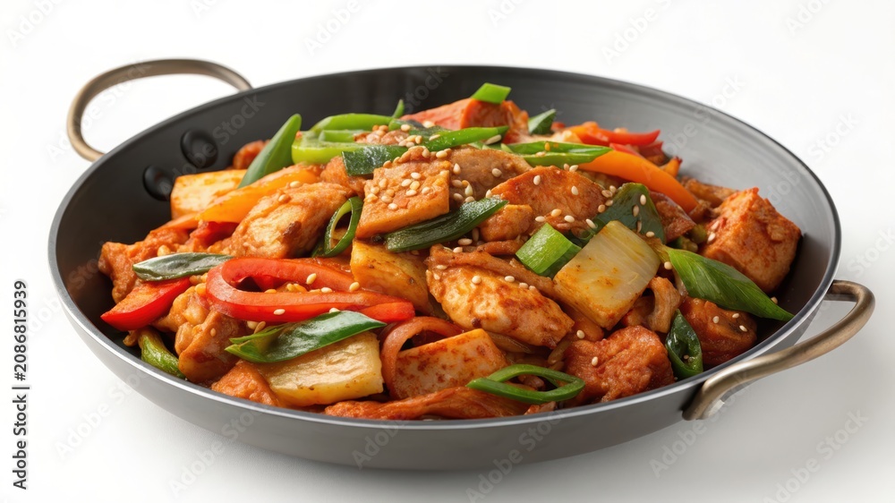 Fototapeta premium delicious Korean stir-fry dish with chicken, bell peppers, green onions, and sesame seeds, served in a traditional metal wok