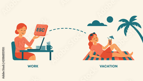 Foto Work to vacation escape concept illustration with vacation lifestyle computer bu