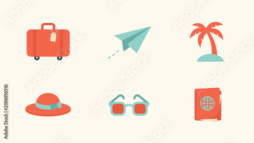 Принти на полотні Travel and tourism flat icon set including suitcase airplane and passport with s