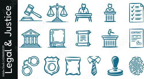 Canvas Print Legal and justice icons set collection featuring hand drawn symbols of courthous