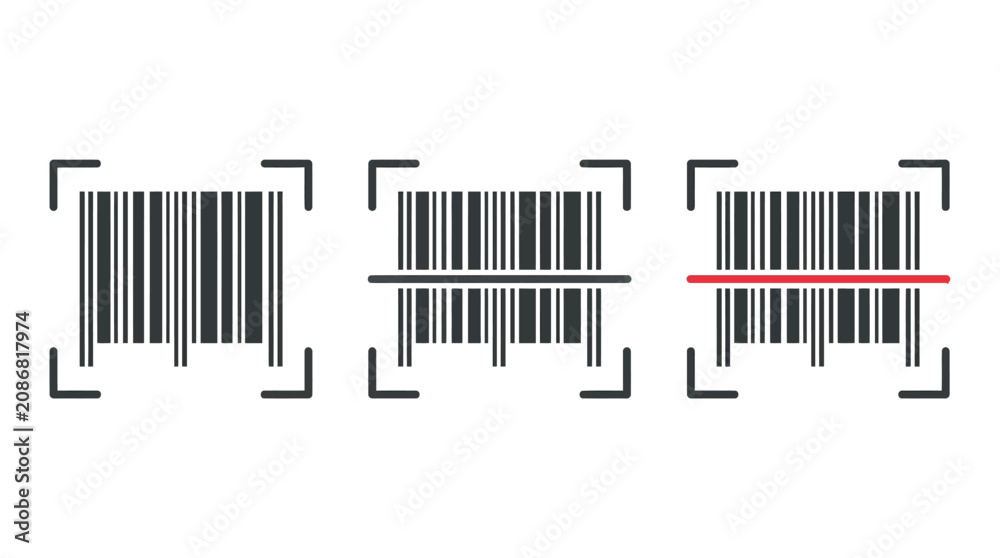 Obraz premium Barcode scanner icon set with scan line frame product code tracking vector illustration
