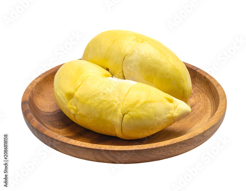 Peeled durian on a wooden plate isolated on transparent png