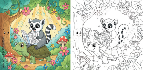 Foto Cute Cartoon Lemur Reading Fairy Tales to a Bespectacled Turtle in a Whimsical F