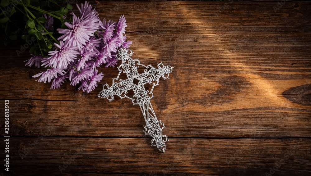 Obraz premium Decorative Christian cross and Michaelmas daisies on a wooden surface. Represents Michaelmas Day, September 29th. Prayer, remembrance, Lent, Easter, faith in God. Overhead perspective.