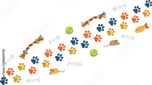 Paw print pathway vector illustration of cat toys banner layout design