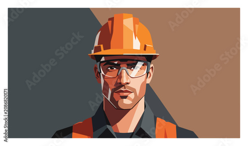 Construction worker wearing orange hard hat and safety glasses in modern flat vector style