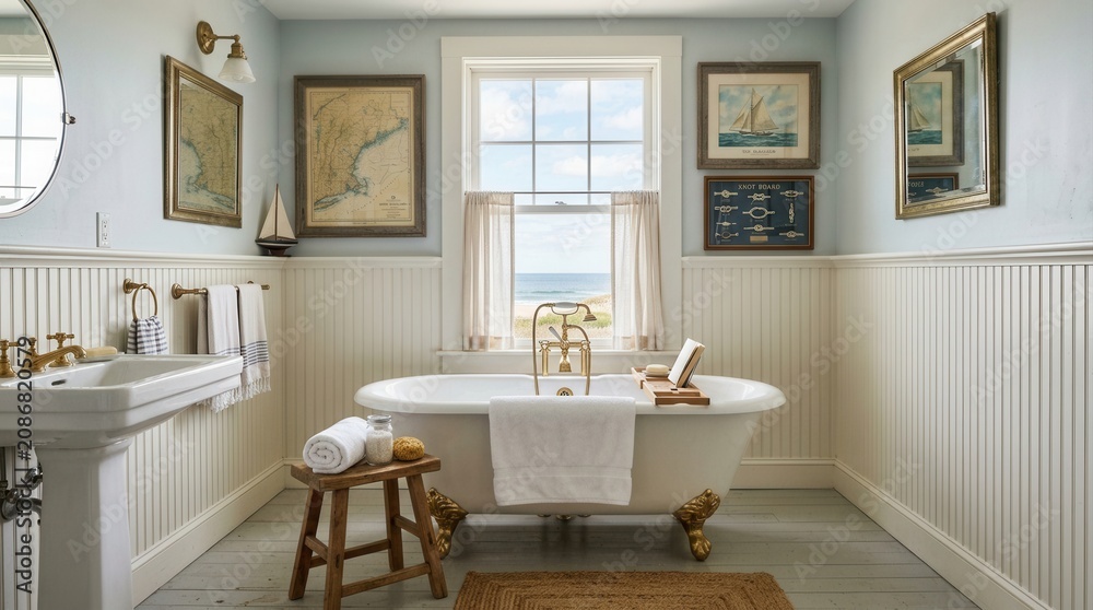 Fototapeta premium A serene bathroom scene with a large white bathtub, wooden stool, and sink, adorned with framed pictures, situated near a window overlooking the ocean.