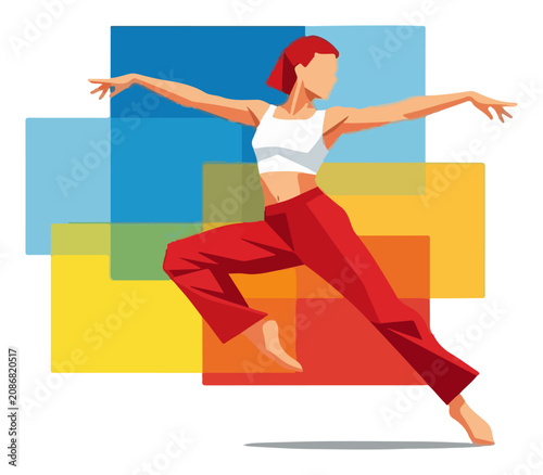 Dancing woman performing dynamic movement against colorful abstract background in modern flat style